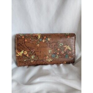 PATRICIA NASH Floral Map Birds Leather Teresa Tri Fold Wallet Clutch Large